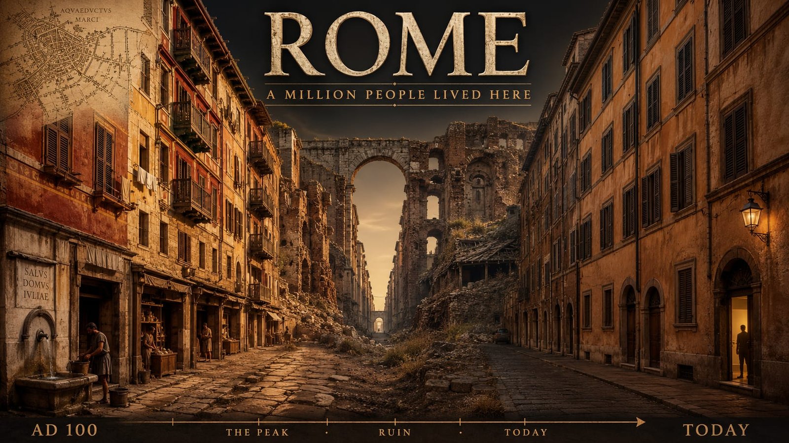 A Roman street at its height on the left, a public fountain and shopfronts in use, giving way through ruin to the same street as it stands today on the right