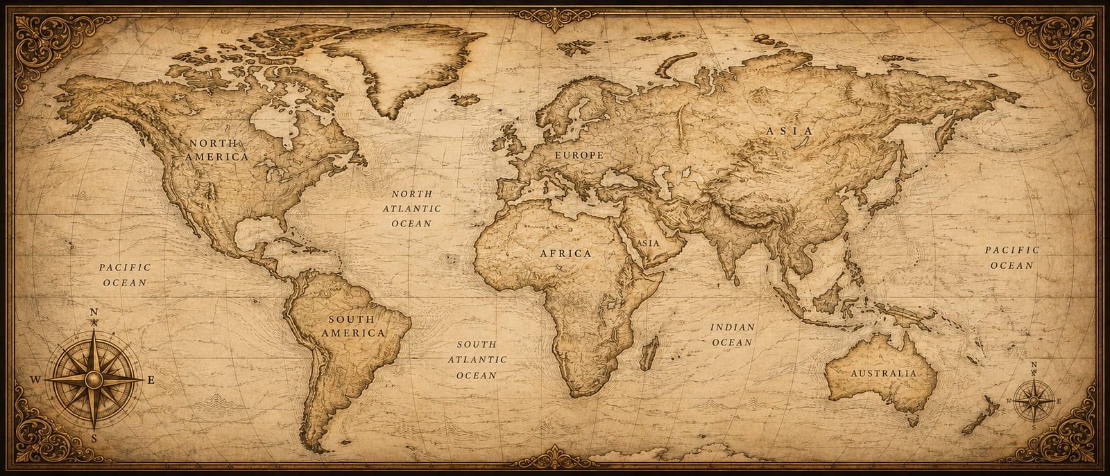 Antique world map showing every place Archmyst has reconstructed.