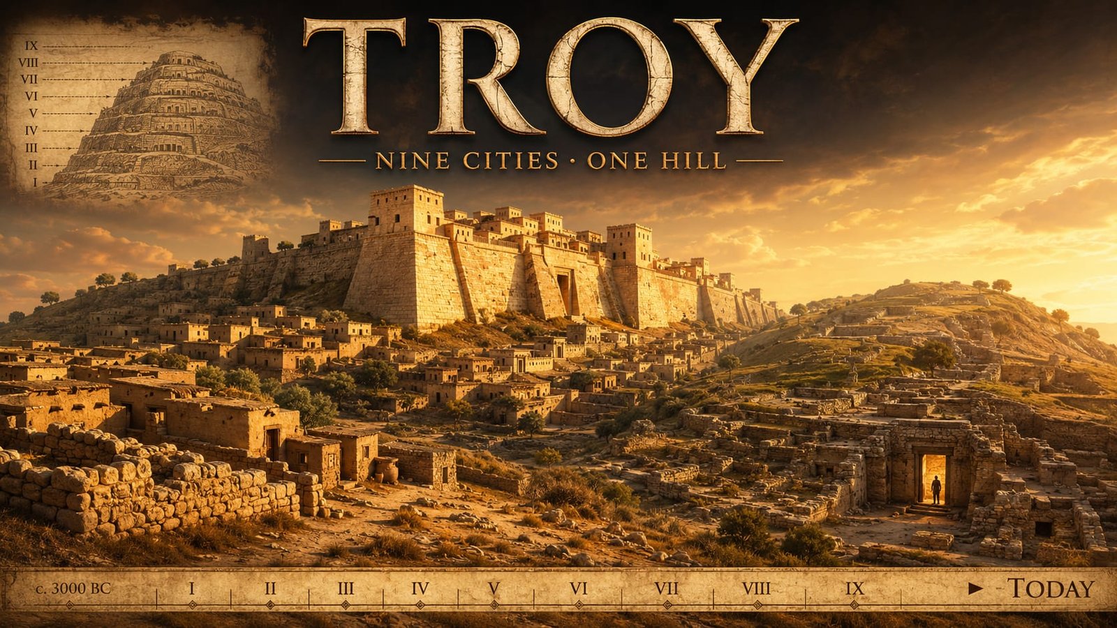 The citadel of Troy rebuilt above the excavated mound, with a stratigraphy diagram of the nine levels, I at the base to IX at the top
